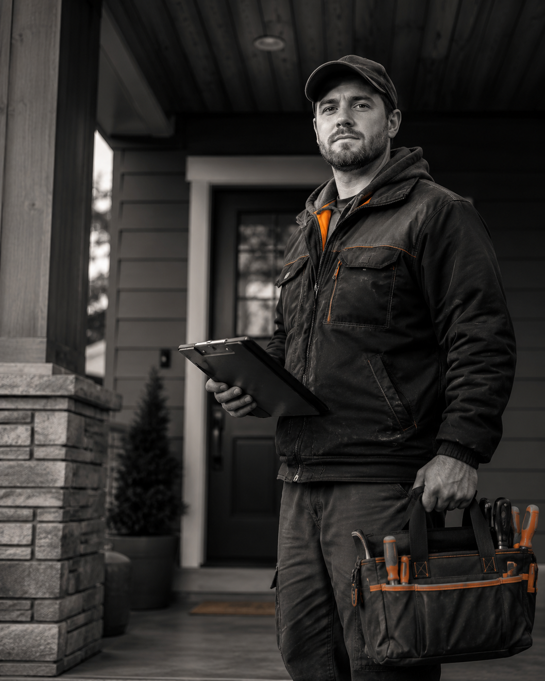 Contractor standing in front of a finished house exterior